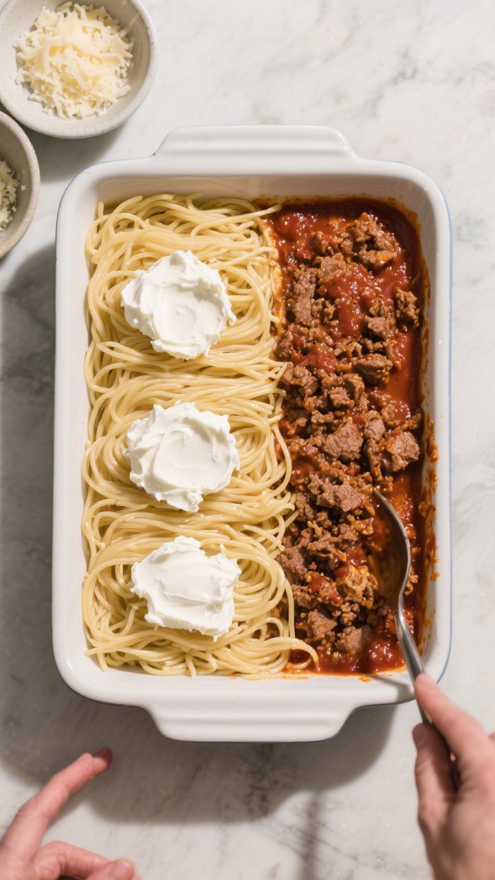 Cooking process: Overhead shot of the layering step in a 9x13 baking dish—half the spaghetti light