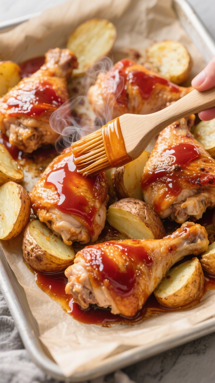 Cooking process: Overhead shot of the one-pan mid-bake after first glazing—chicken thighs skin-sid