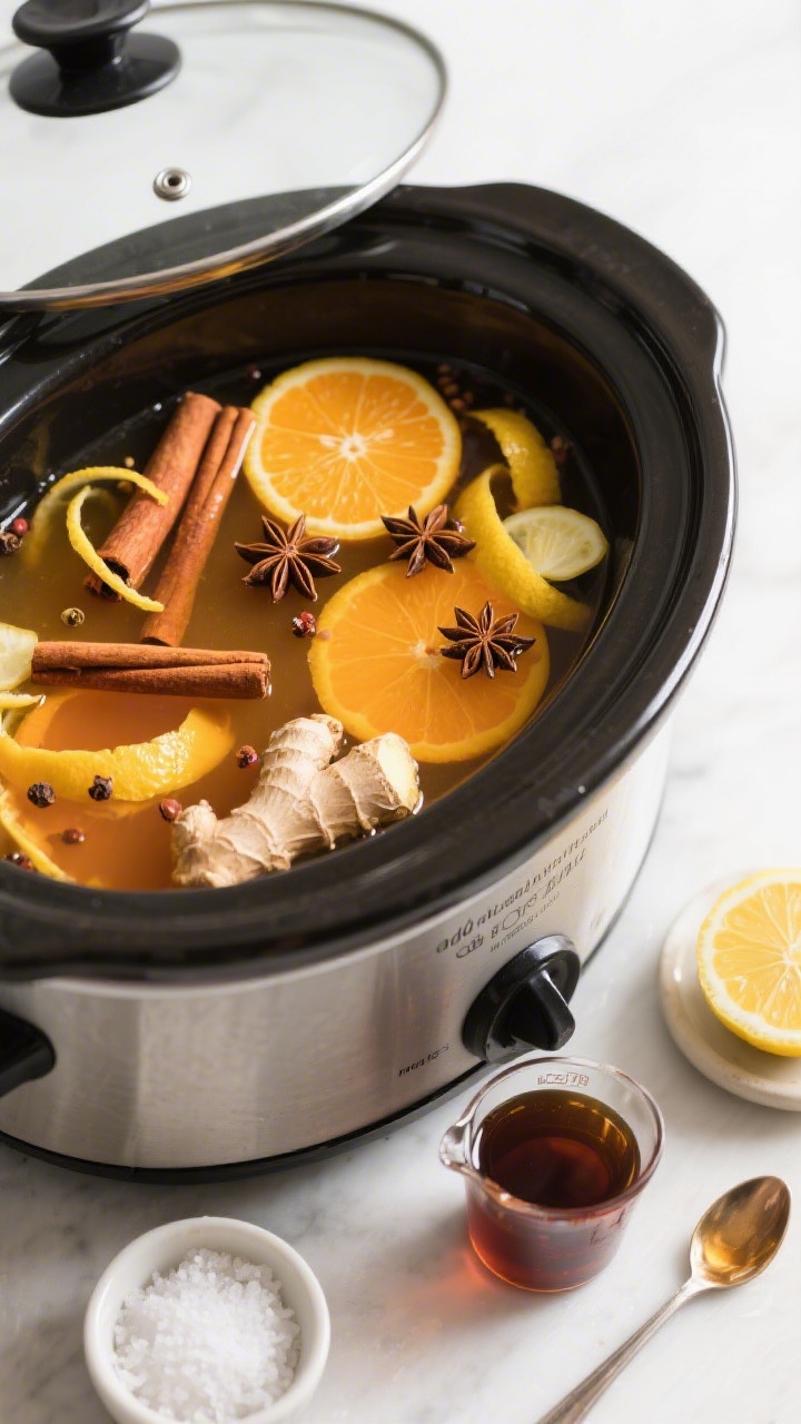 Cooking process: Overhead shot of the slow cooker just after the low-and-slow simmer, lid off to rev