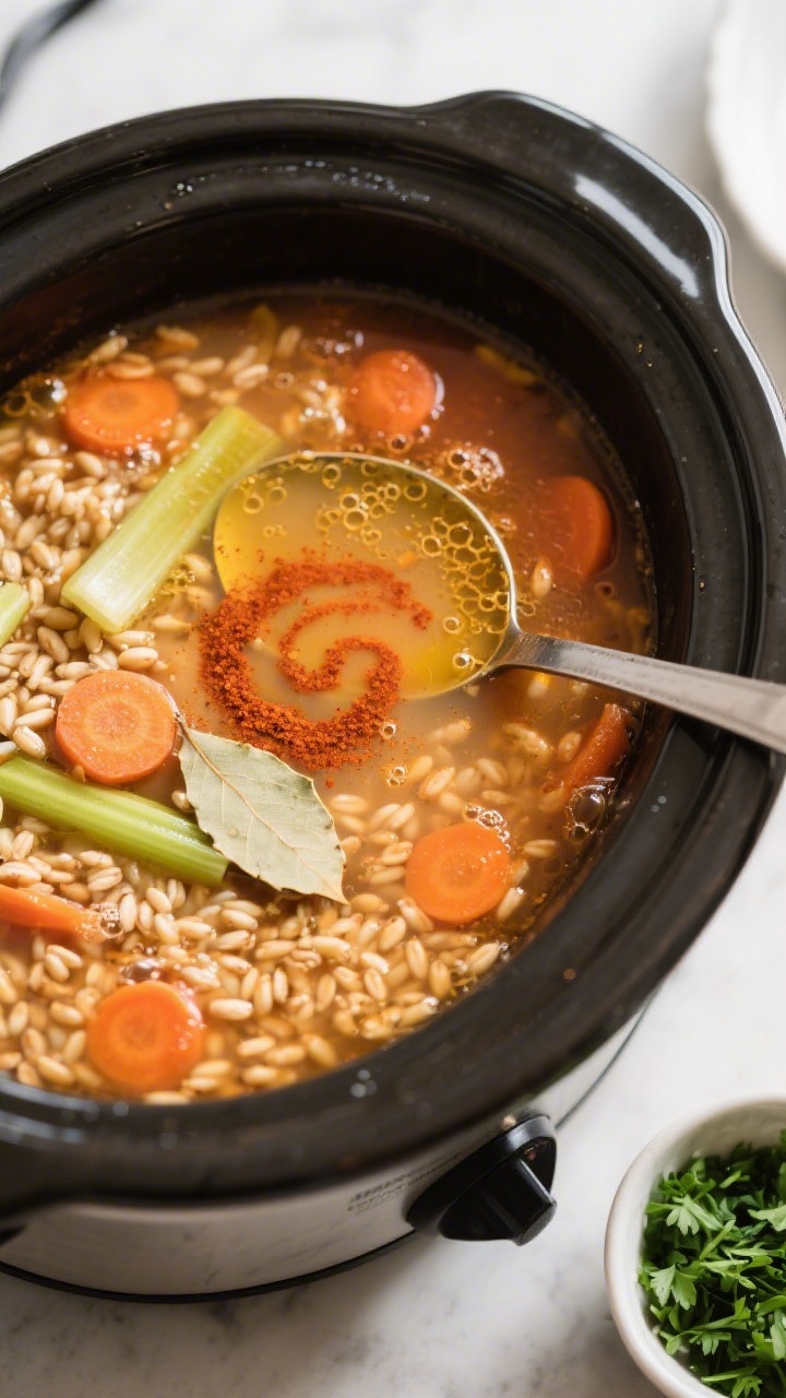 Cooking process: Overhead shot of the soup mid-simmer in the slow cooker, showing evenly distributed