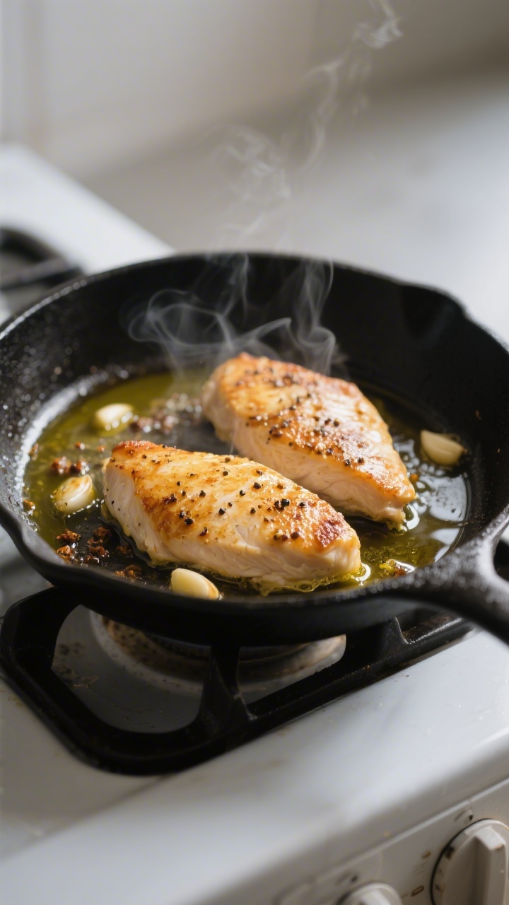 Cooking process — Pan-seared chicken: Close-up of golden, pan-seared chicken breasts resting in a 