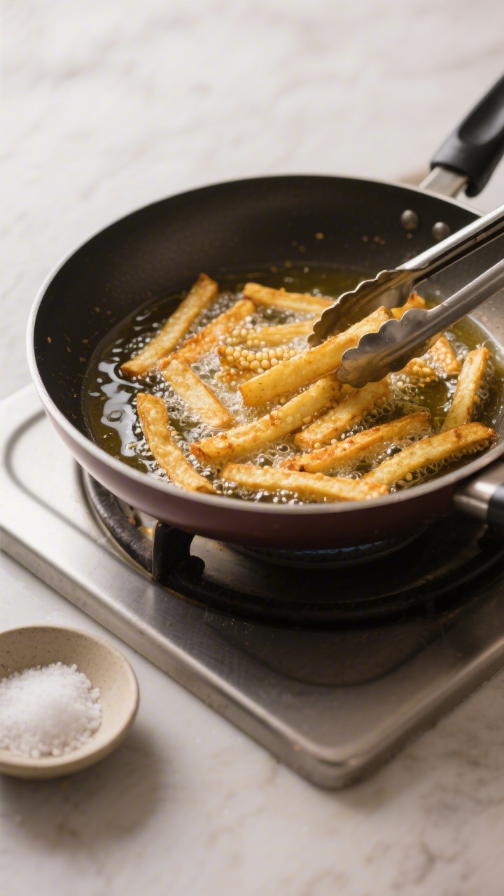 Cooking process: Sabudana fries sizzling in a wide shallow-fry pan, medium heat—batch of finger-th