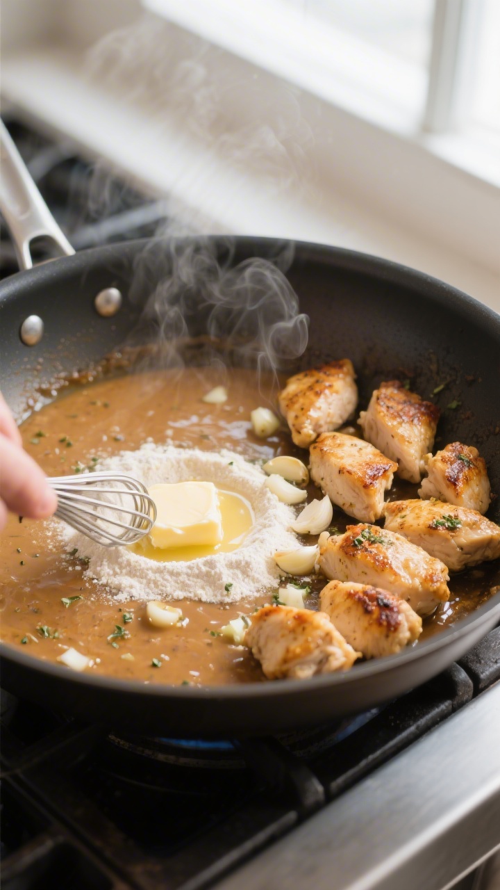Cooking process — Searing chicken and building the sauce: A tight mid-action shot of bite-size gol