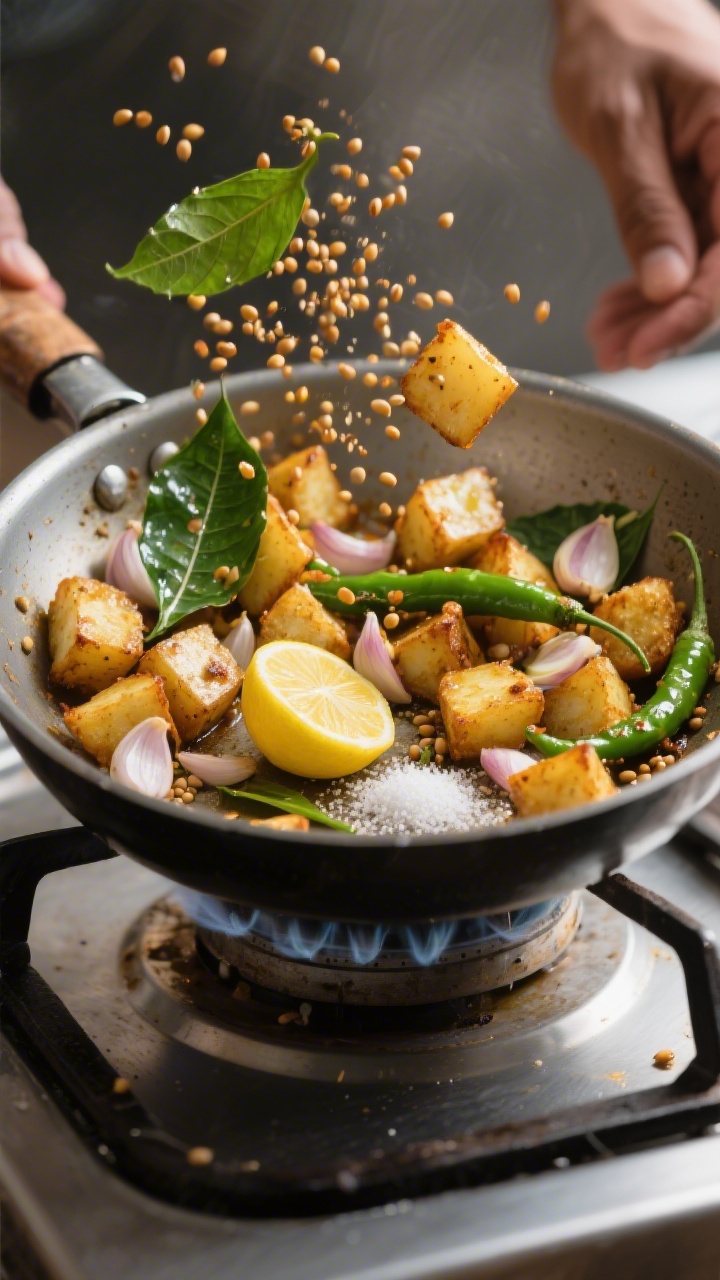 Cooking process shot: A wide skillet with the tempering in action—mustard seeds just spluttering w