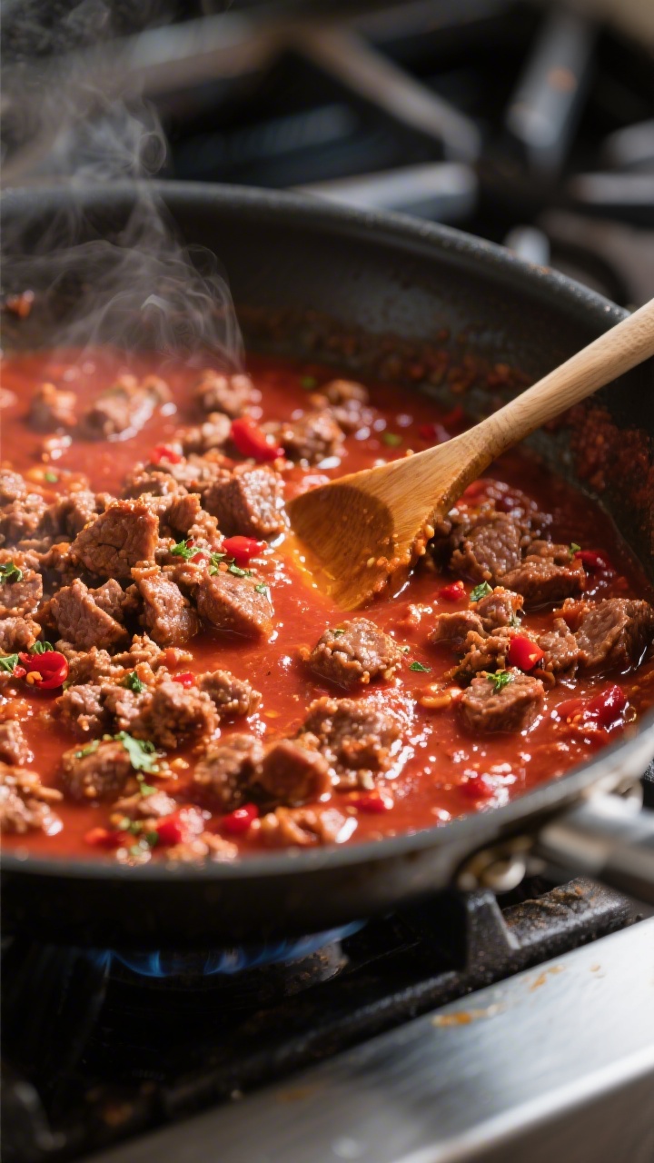 Cooking process, skillet scene: Close-up of rich meat sauce simmering in a wide skillet—crumbled b