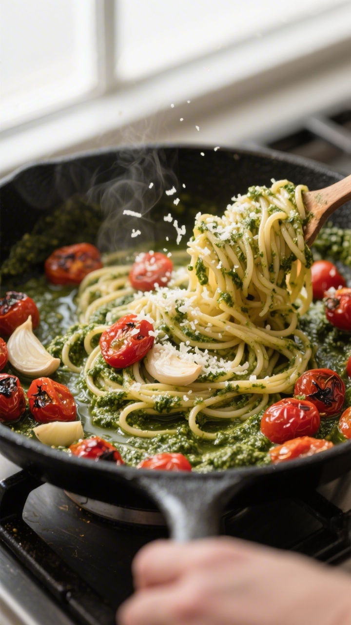 Cooking process: Spaghetti just added to a large skillet of pesto and blistered cherry tomatoes; pes
