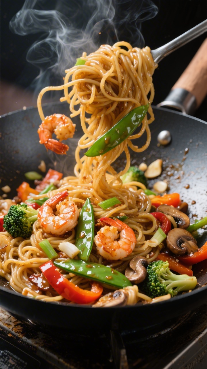 Cooking process: Spaghetti stir-fry sizzling in a large black wok, close-up of glossy, fully cooked 