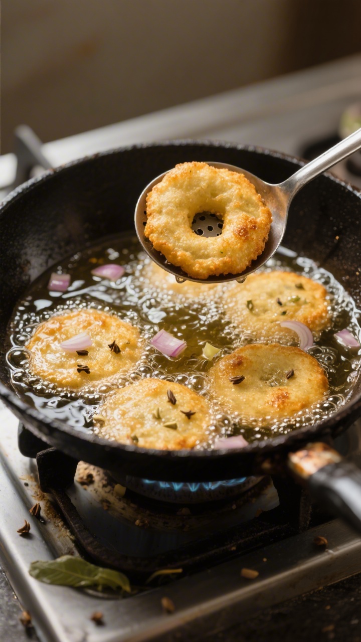 Cooking process: Suji vadas frying in a shallow cast-iron skillet, mid-bubble with gentle golden bro