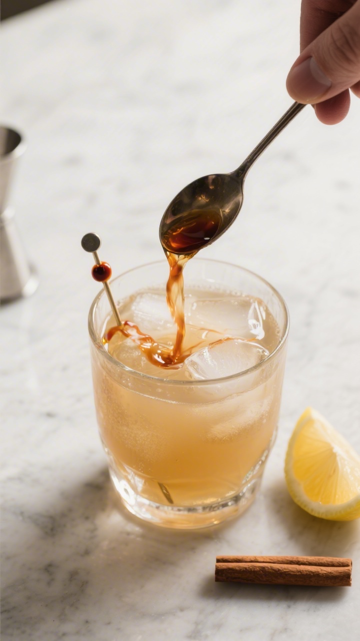 Cooking process: The cocktail being built in a rocks glass—spirit already in, opaque unfiltered ap