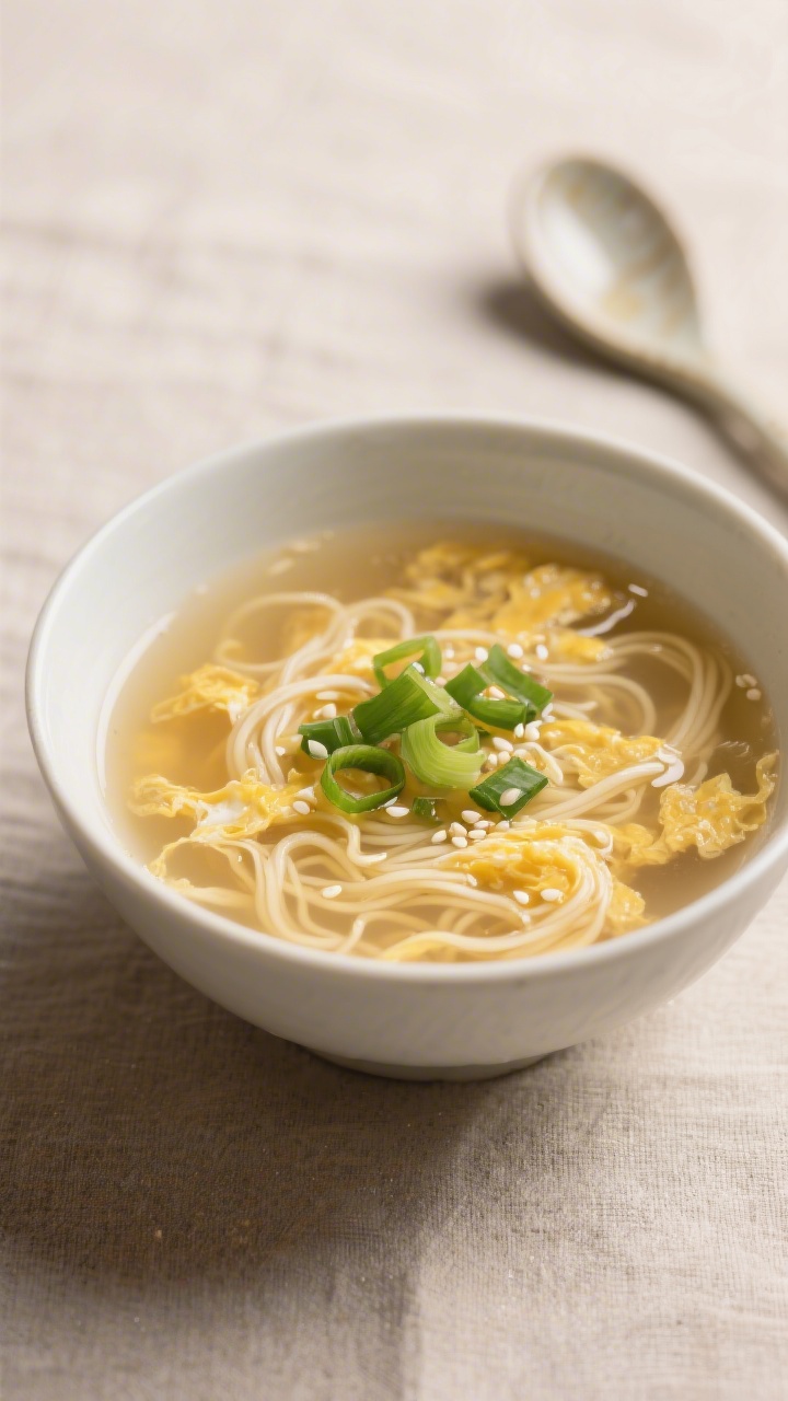Final dish beauty shot: Restaurant-quality bowl of Easy Egg Drop Soup, ultra-smooth, slightly thicke