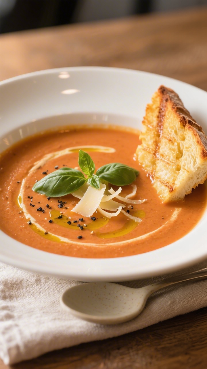 Final dish, café-style presentation: Creamy Tomato Basil Soup ladled into a wide white bowl, finish