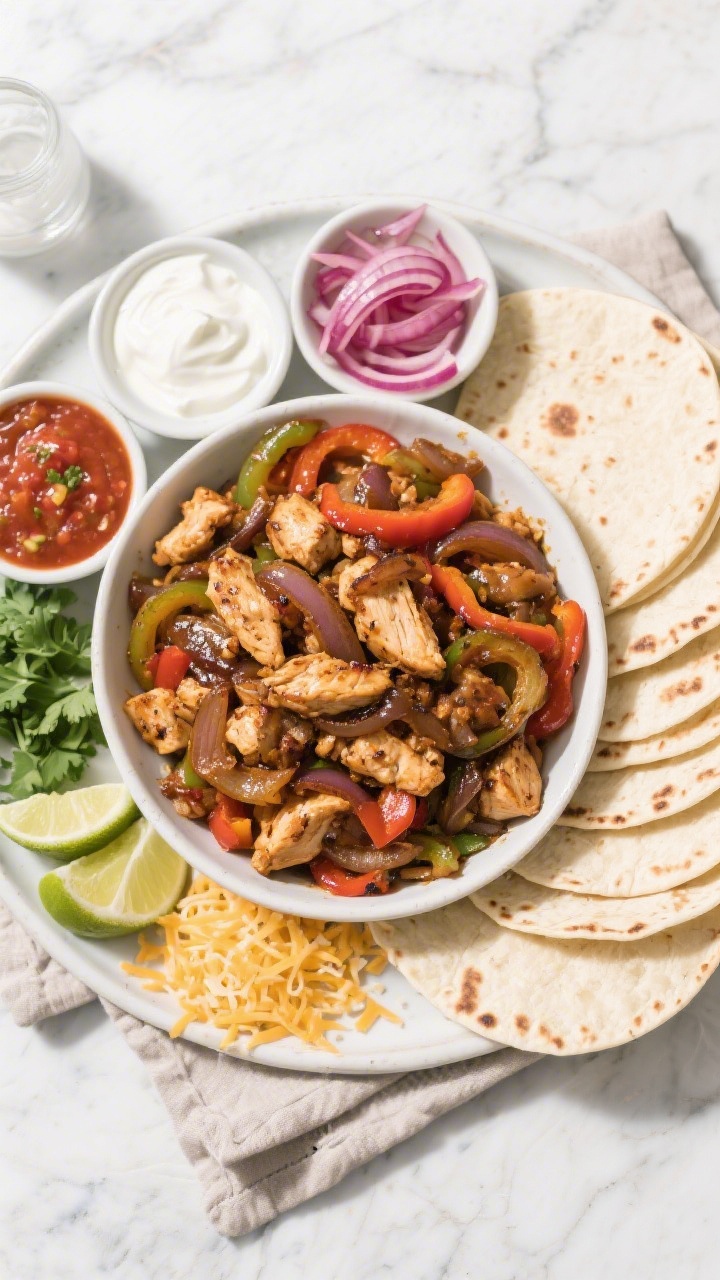 Final dish, overhead platter: Tasty top-view of a build-your-own fajita spread—heaping bowl of coo