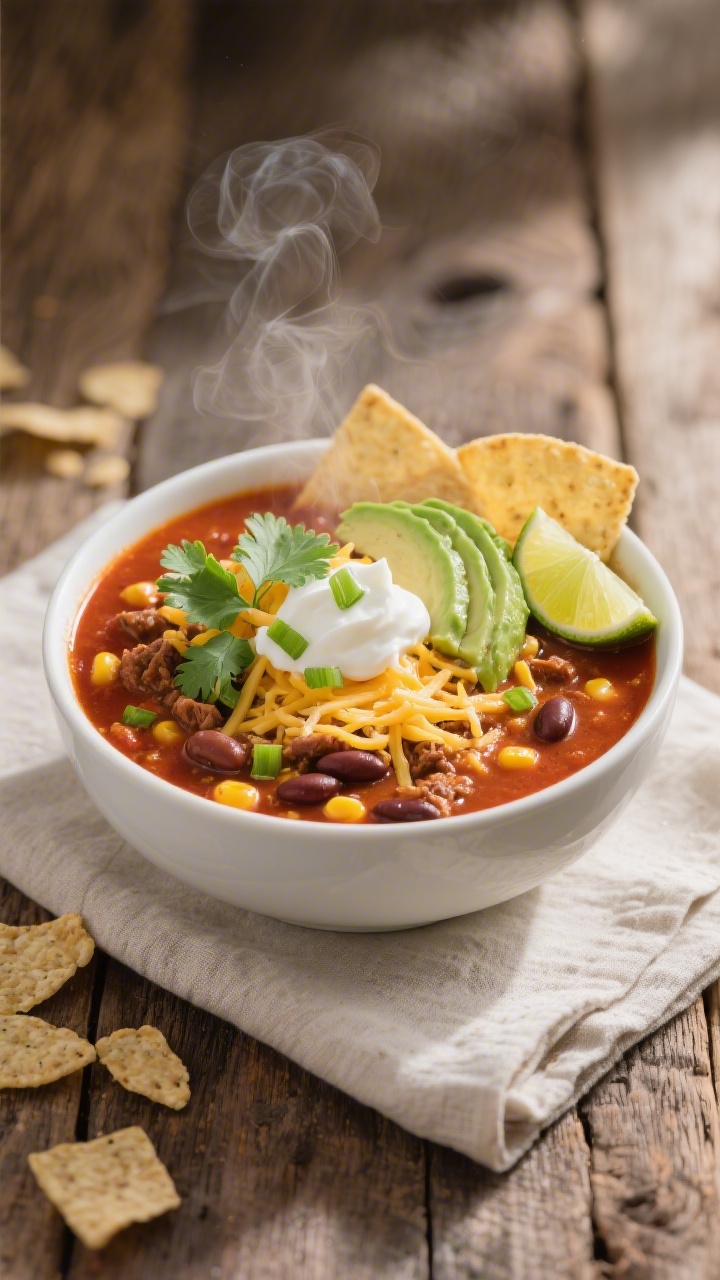 Final dish, plated beauty: A steaming bowl of Crockpot Beef Taco Soup in a wide white ceramic bowl, 