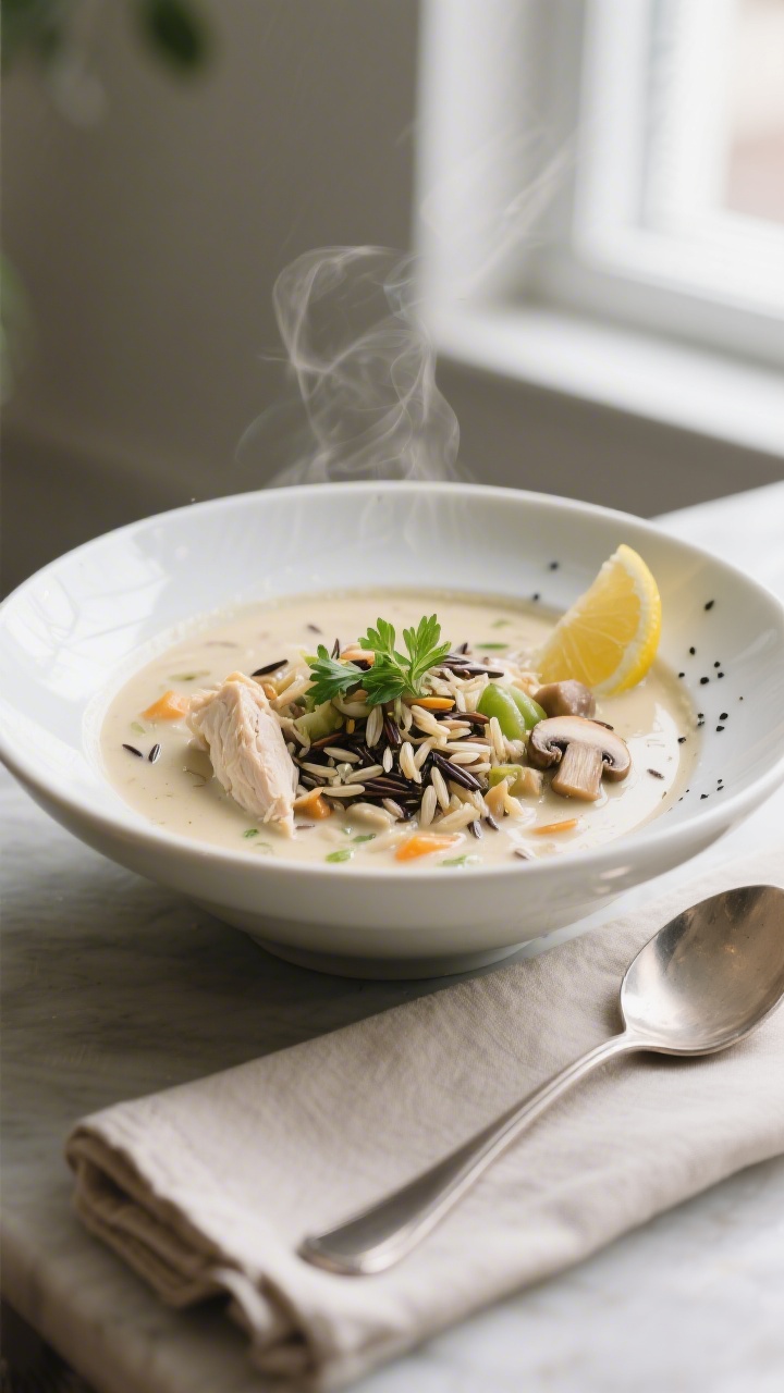 Final dish, plated beauty: Restaurant-quality presentation of creamy chicken and wild rice soup in a