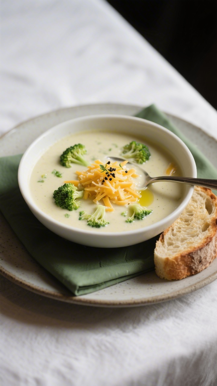 Final dish, plated presentation: Creamy broccoli cheddar soup ladled into a warm white bowl, silky a