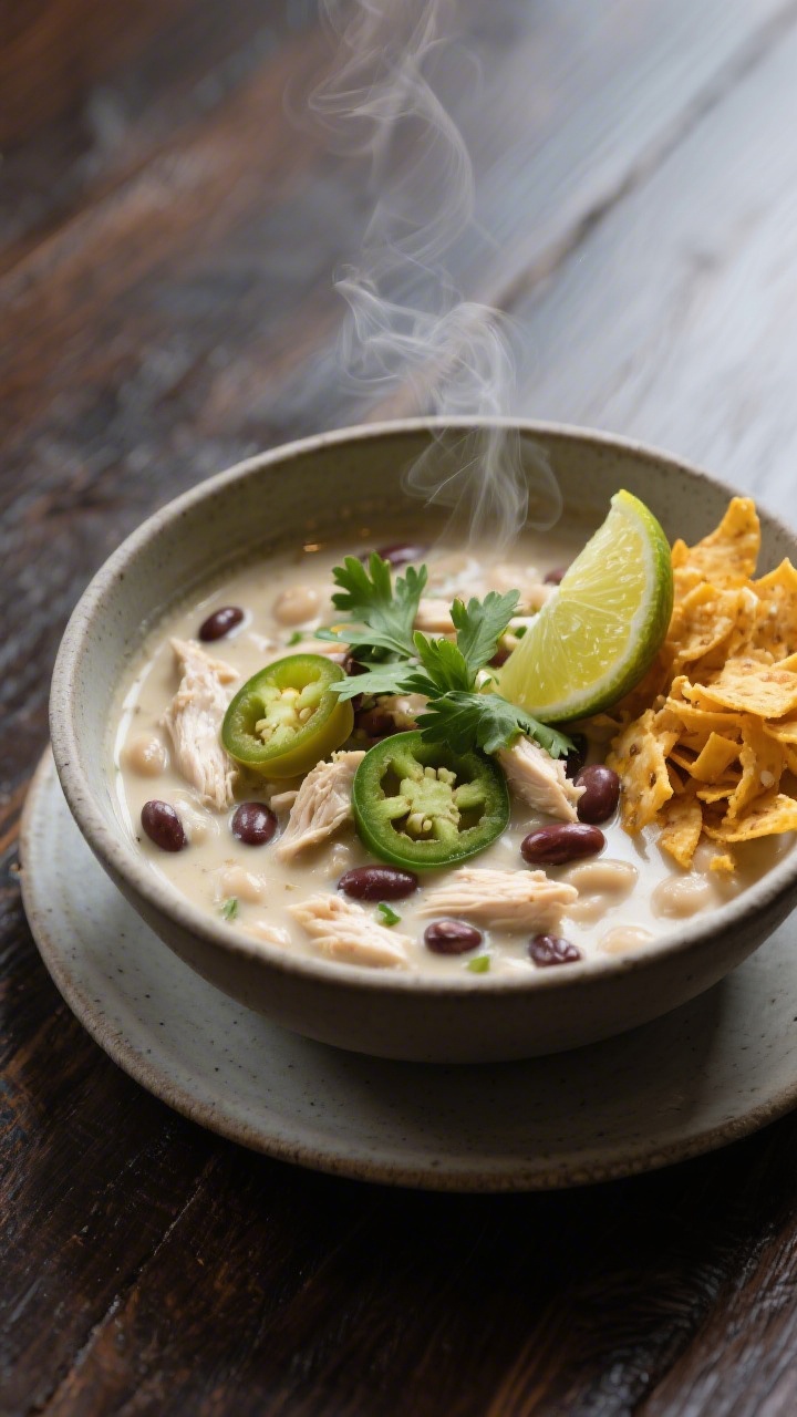 Final dish, plated restaurant-quality: Beautifully plated single bowl of creamy white chicken chili