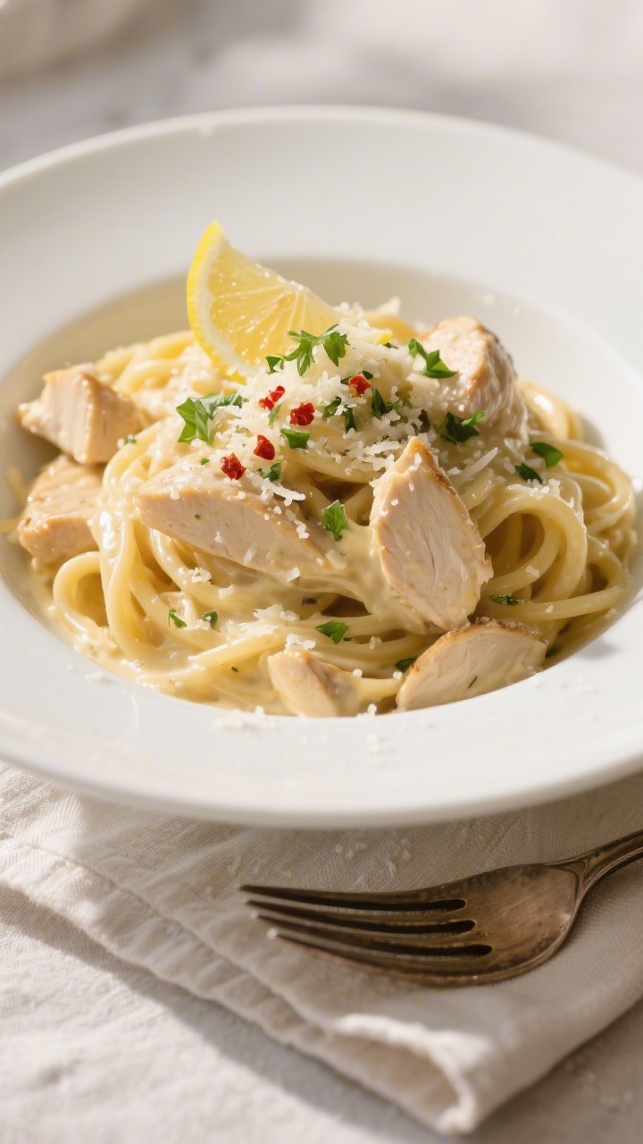 Final dish — Plated restaurant-quality bowl: Close-up, three-quarter angle of Creamy Garlic Parmes