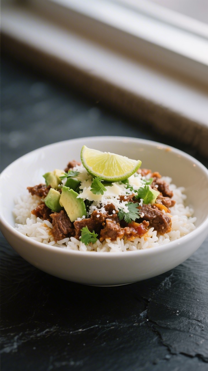 Final dish presentation: Beautifully plated beef-salsa-rice bowl served burrito-bowl style in a wide