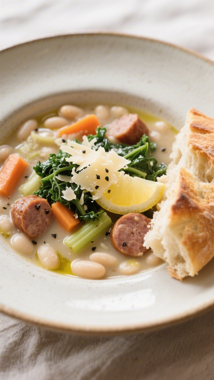 Final dish presentation: Beautifully plated bowl of Tuscan White Bean and Sausage Soup—silky, bean