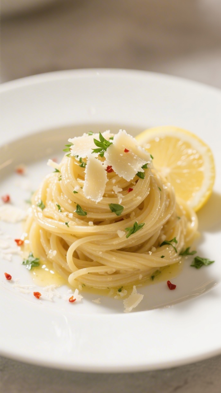 Final dish presentation: Beautifully plated Lemon Garlic Butter Spaghetti twirled into a tall nest o