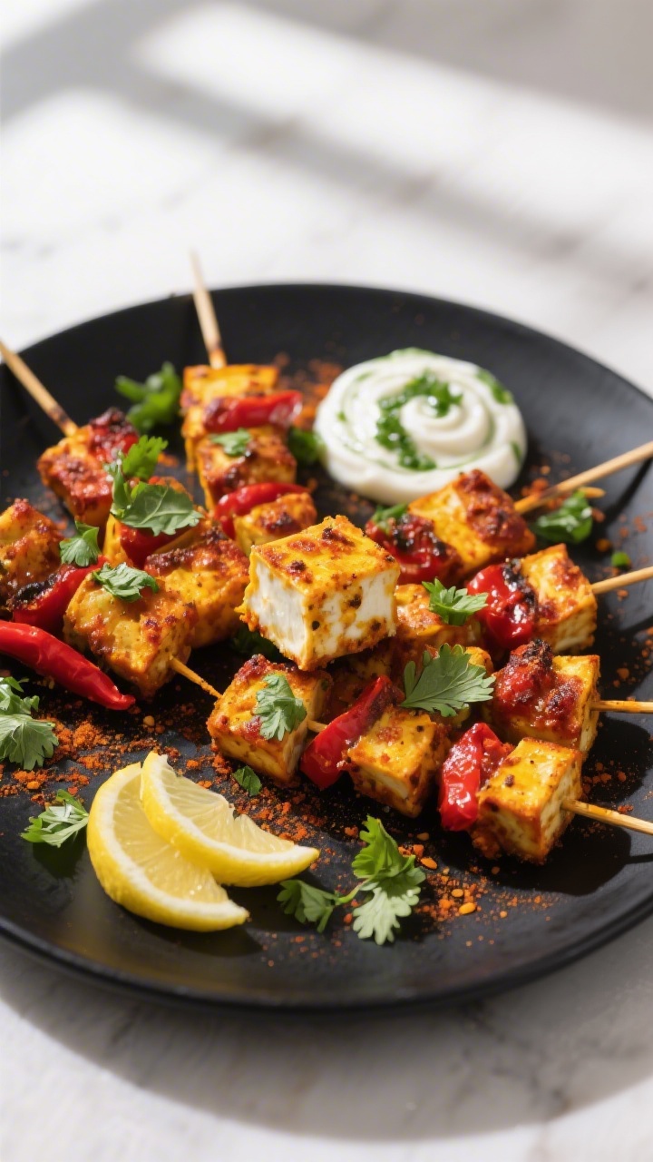 Final dish presentation: Beautifully plated Spicy Paneer Tikka Bites threaded on short skewers, arra