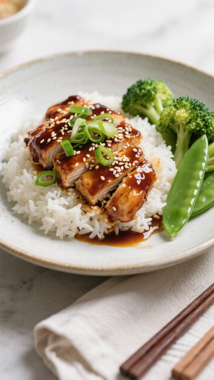 Final dish presentation: Beautifully plated teriyaki chicken over fluffy white jasmine rice in a wid