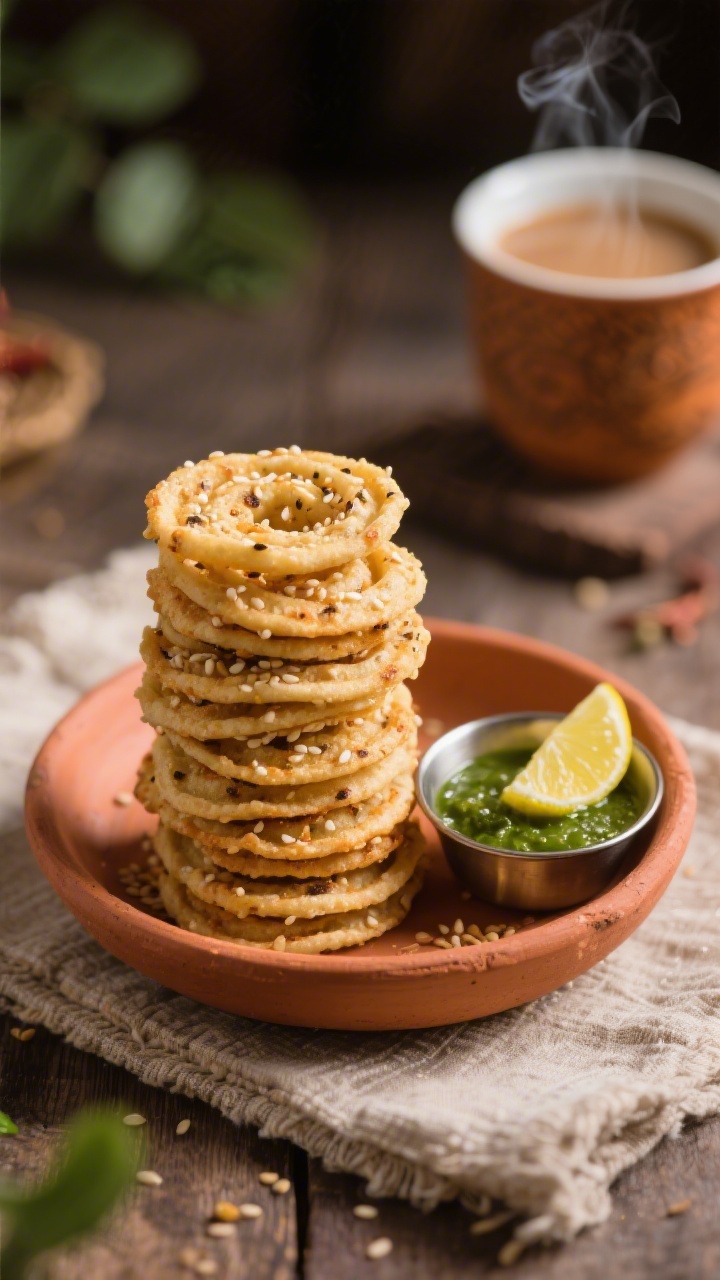 Final dish presentation: Beautifully plated Wheat Flour Nasta (Atta Chakli) stacked in a rustic terr