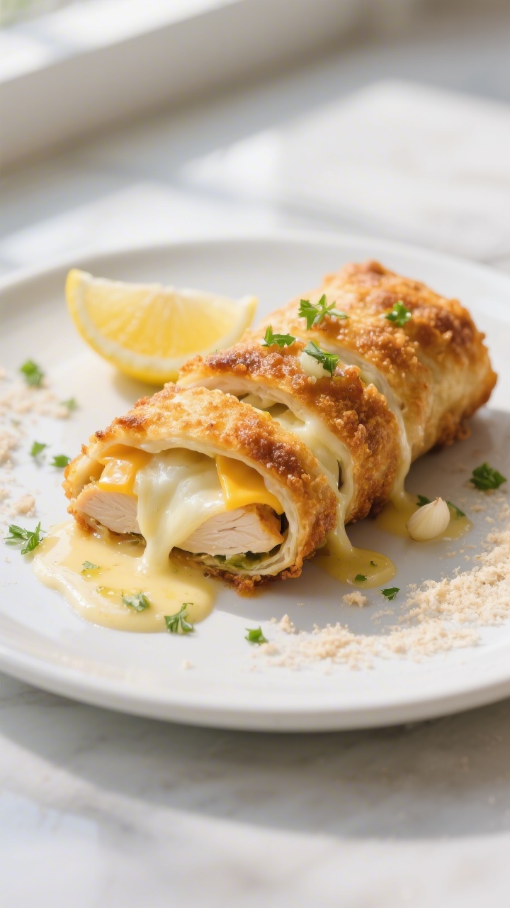 Final dish presentation: Crispy, golden-brown Cheesy Garlic Chicken Wrap sliced on the bias to revea