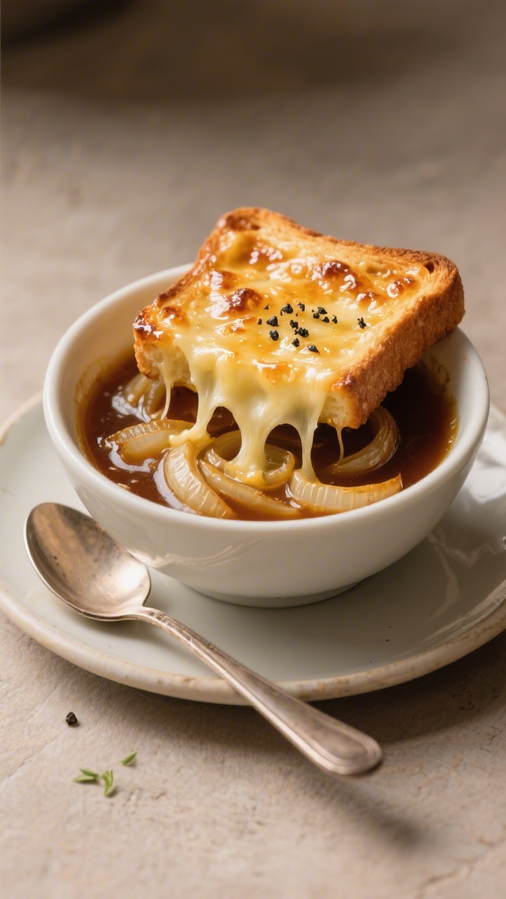 Final dish presentation: Restaurant-quality bowl of French onion soup just served, cheese pull begin