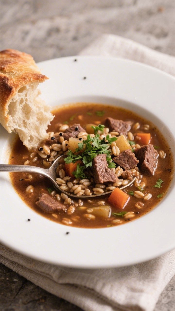 Final dish presentation: Restaurant-quality bowl of Slow Cooker Beef and Barley Soup, plated in a wi