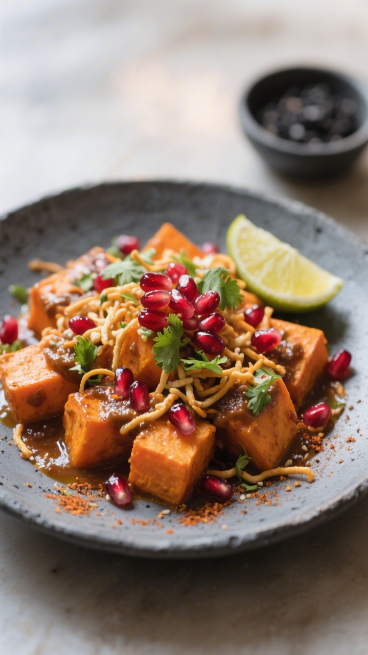 Final dish presentation: Restaurant-quality plated Sweet Potato Chaat in a shallow charcoal-gray sto