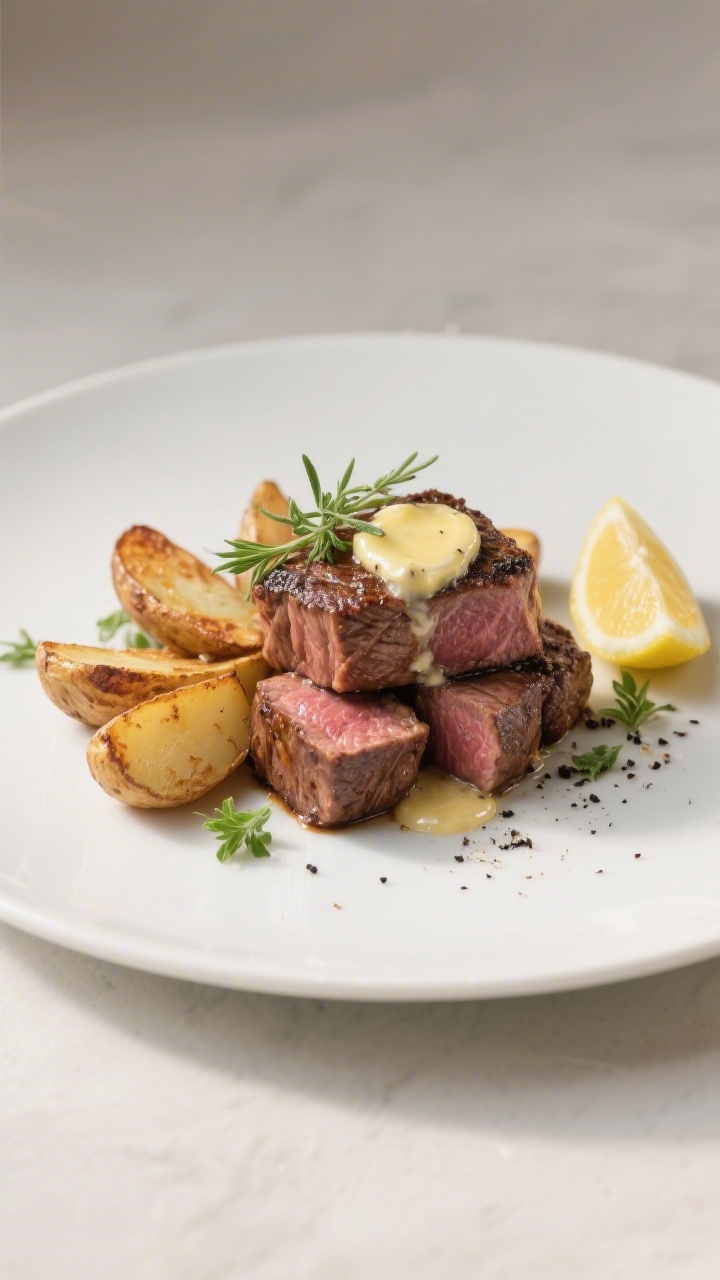 Final dish presentation: Restaurant-quality plated portion of garlic butter steak bites and potatoes