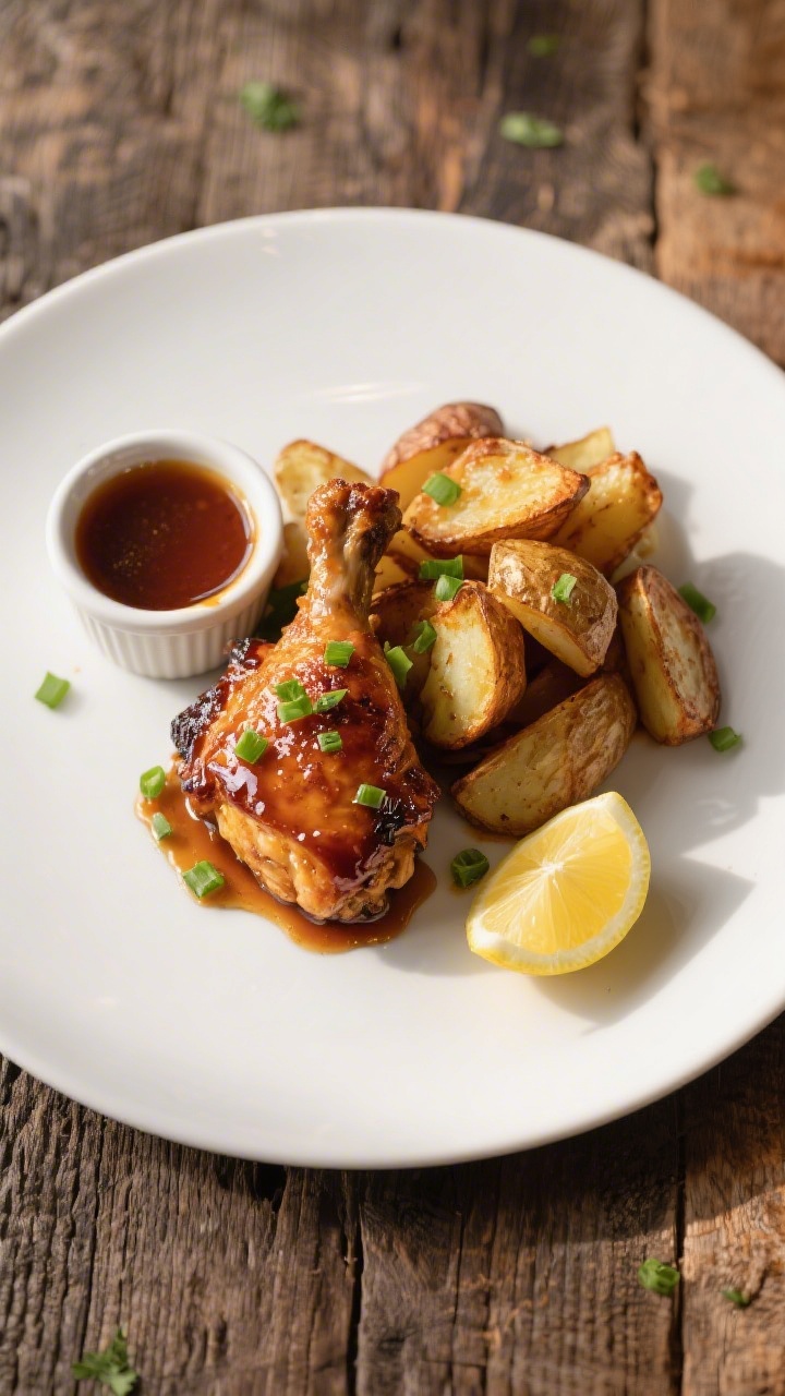 Final dish presentation: Restaurant-quality plated serving of Honey BBQ Chicken and Potatoes—one l
