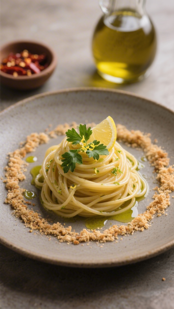 Final dish presentation: Restaurant-quality plated spaghetti aglio e olio on a warm gray stoneware p