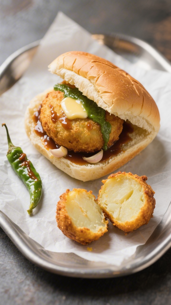 Final dish presentation: Street-style vada pav assembled—one pav opened with a golden aloo vada tu
