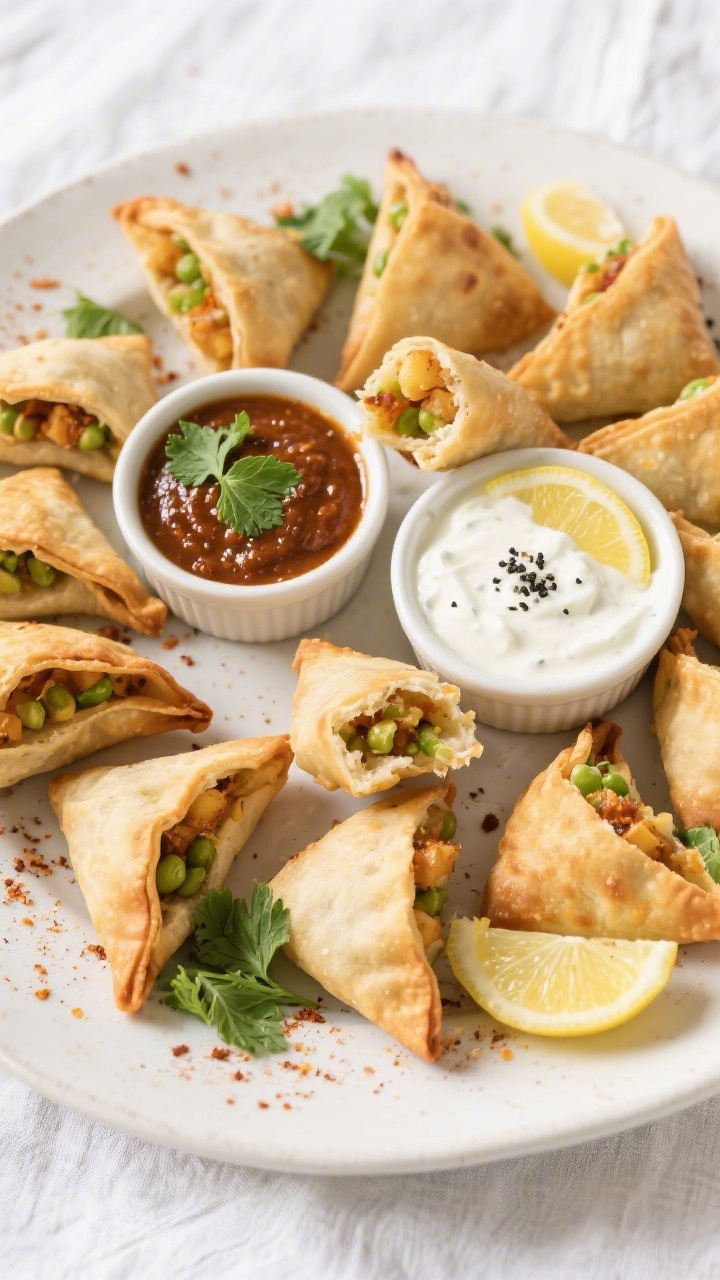 Final dish presentation: Tasty top view of a party-ready platter of mini samosas arranged in a tight