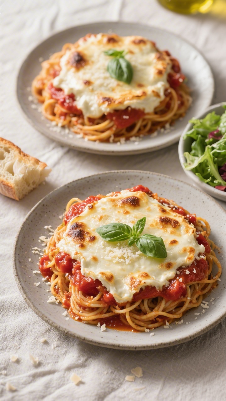Final dish presentation: Tasty top-view of the finished baked cream cheese spaghetti, uncovered afte