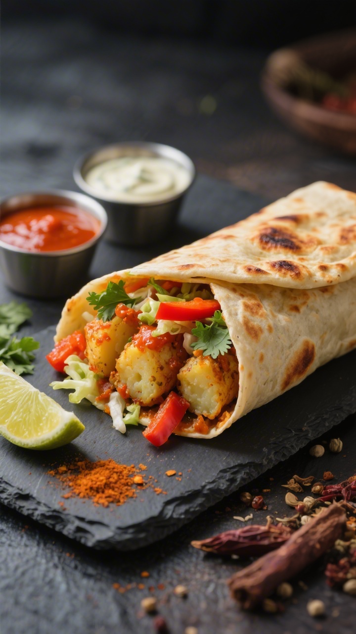 Final dish, street-style presentation: Spicy Schezwan Potato Roll sliced on a slate board, cross-sec