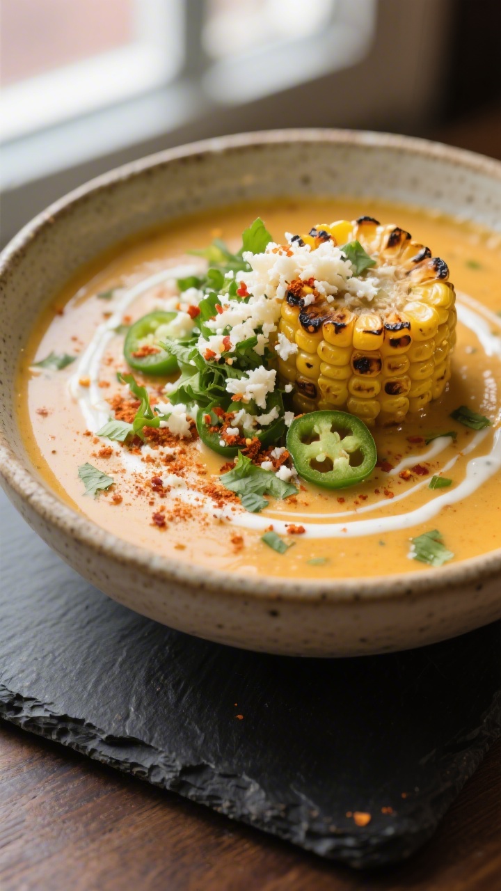 Final dish, styled presentation: Restaurant-quality plated Mexican Street Corn Soup served in a shal