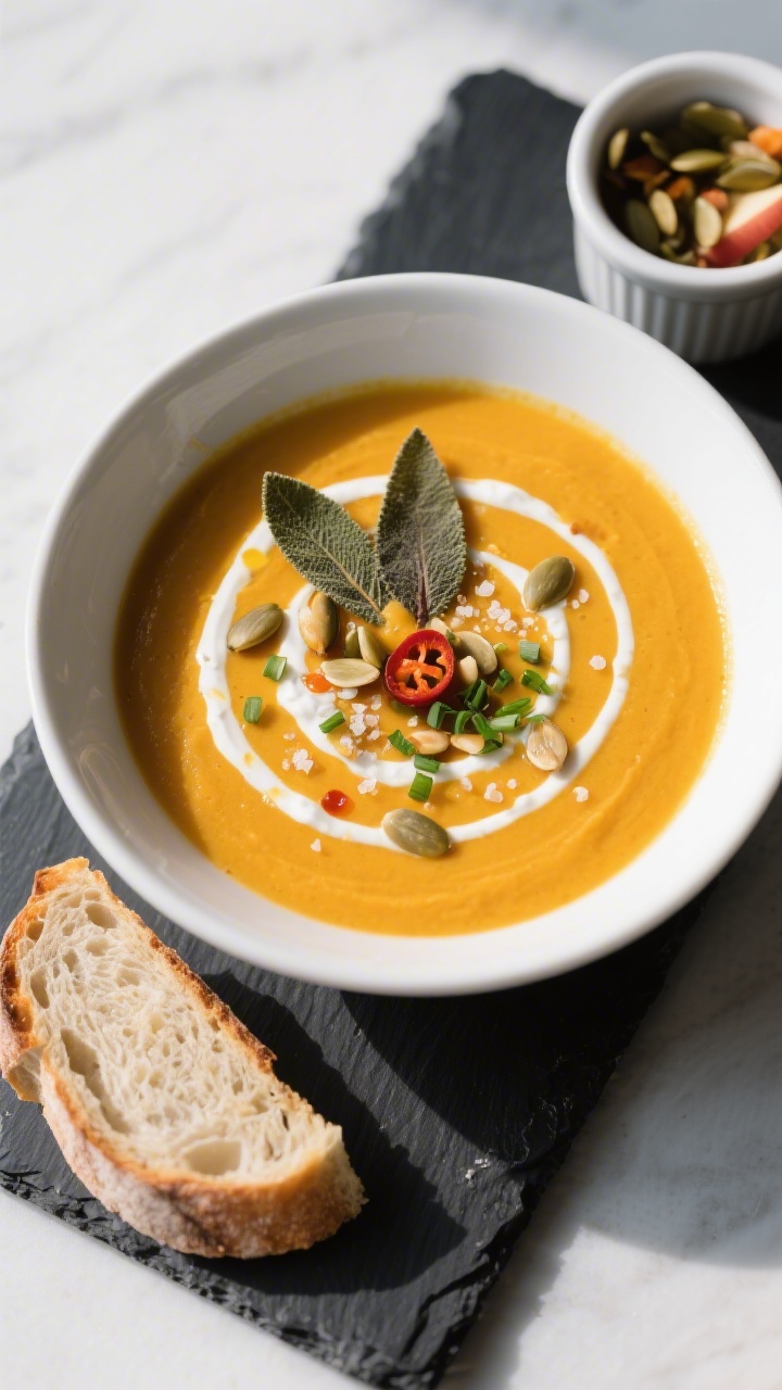 Final dish, tasty top view — Overhead shot of a beautifully plated bowl of butternut squash and ap