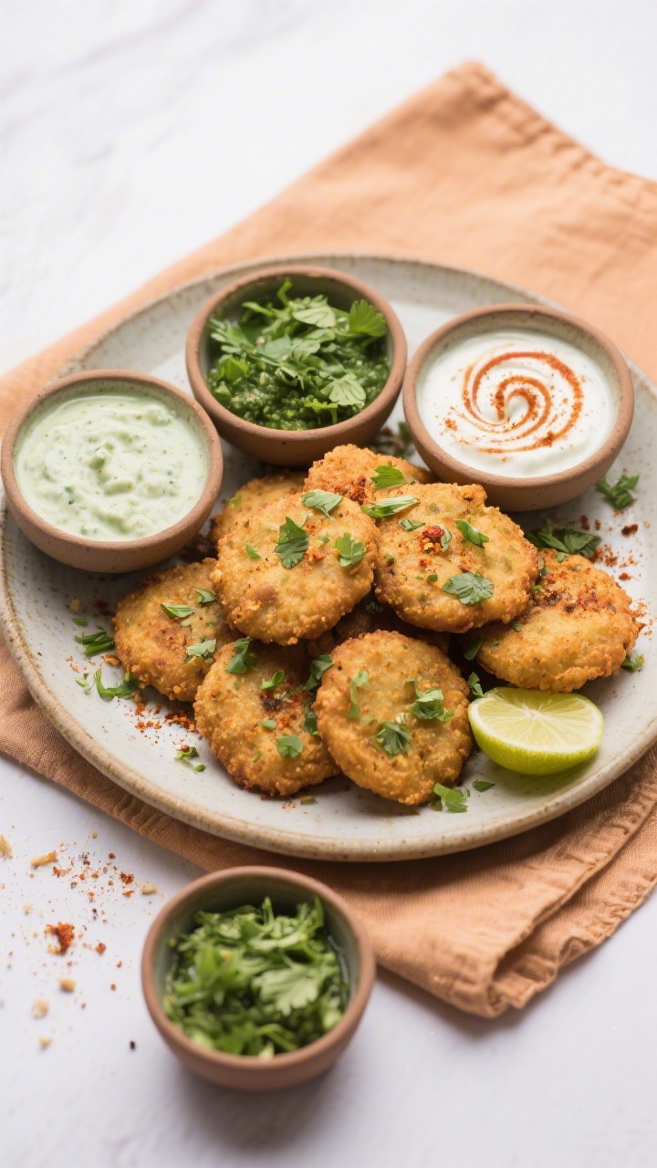 Final dish top view: Overhead shot of a ceramic plate piled with small, 2-inch-wide suji vadas, garn