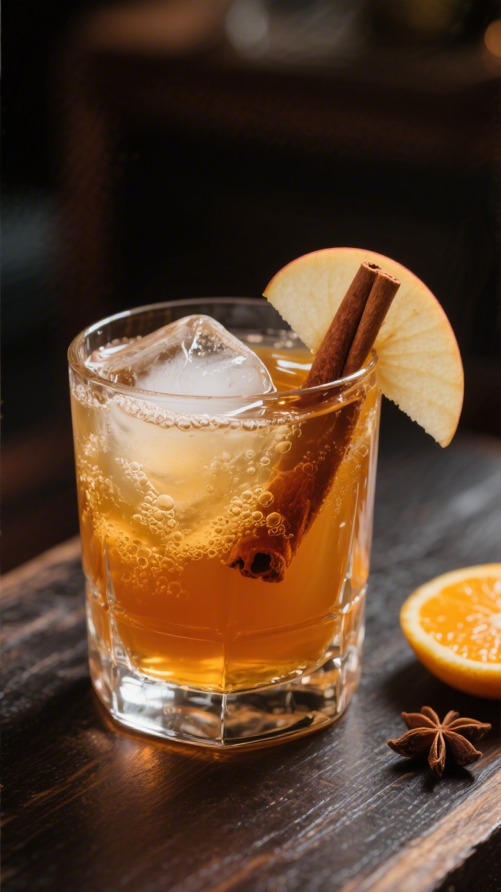 Final drink presentation: Restaurant-quality portrait of a single rocks glass of Spiced Rum Apple Ci
