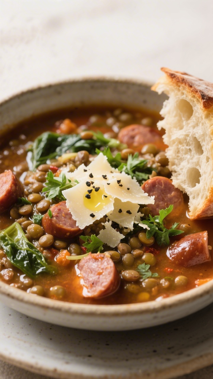 Final plated beauty: A rustic bowl of finished spicy sausage and lentil soup, ladled generously and