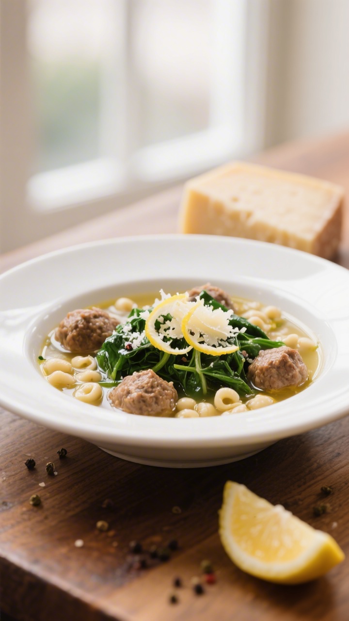 Final plated beauty: Restaurant-quality bowl of Hearty Italian Wedding Soup, neatly arranged with te