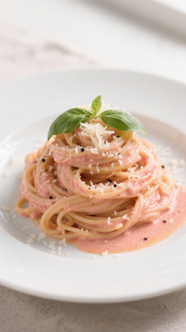 Final plated beauty shot: Creamy tomato basil spaghetti twirled into a high nest on a white rimmed p