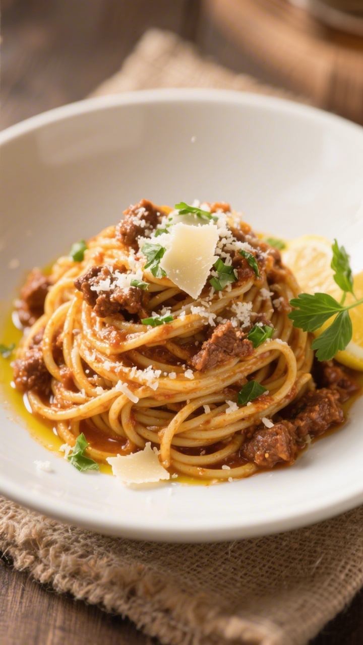Final plated dish: Beautifully twirled mound of one-pot spaghetti with meat sauce in a wide white ce