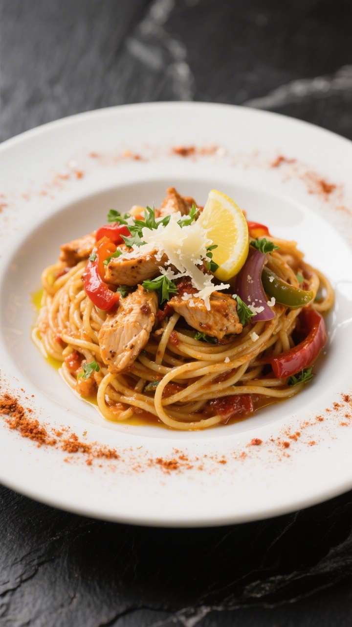 Final plated dish beauty: Restaurant-style plating of Cajun Chicken Spaghetti twirled into a neat ne