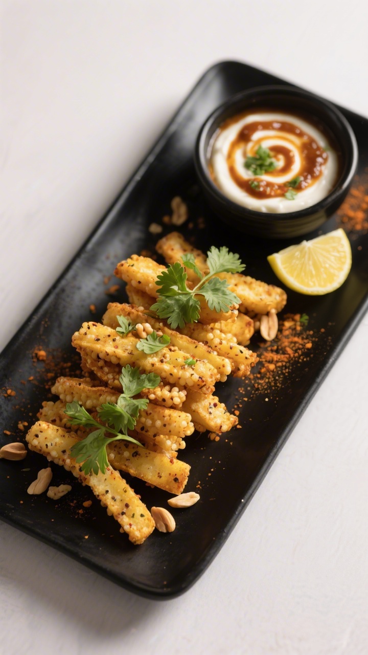 Final plated dish, overhead: Restaurant-quality presentation of sabudana fries arranged in a neat st