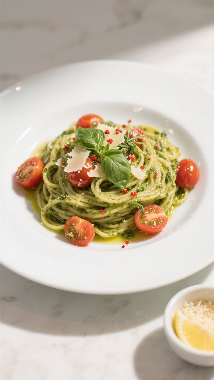 Final plated dish, overhead: Restaurant-quality presentation of pesto spaghetti with cherry tomatoes