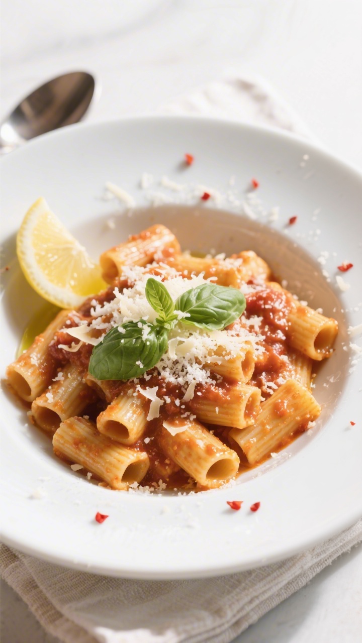 Final plated dish, overhead: Rigatoni alla vodka twirled and nestled in a shallow white bowl, sauce 